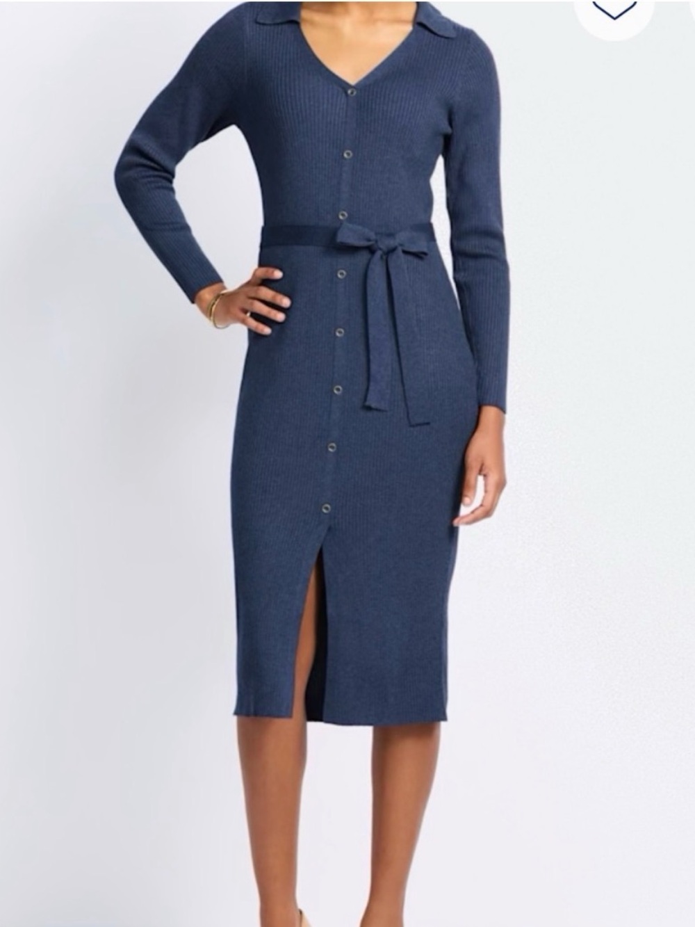 Ribbed Button-Front Midi Dress with Tie Waist in Navy